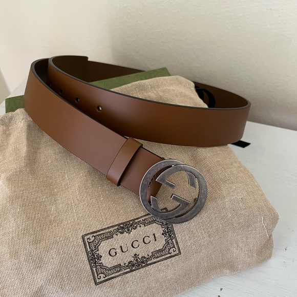 NEW GUCCI 546389 INTERLOCKING LEATHER BELT BROWN - SIZE 90/36 $550 - Picture 5 of 7